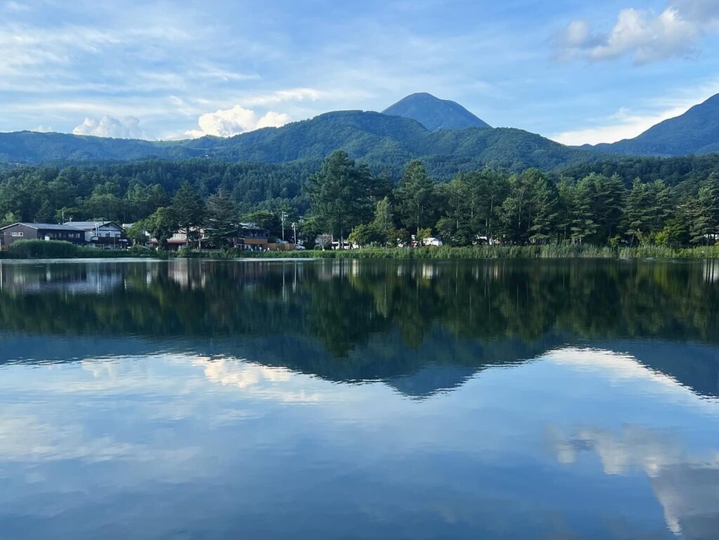 View of Mount Tateshina during the summer from Lake Tateshina. 