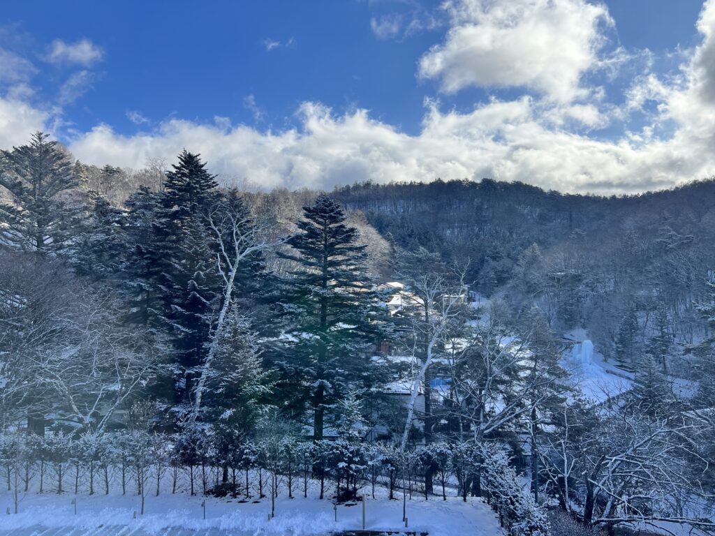 Ice pillars seen from the hotel rooms during the winter in Tateshina