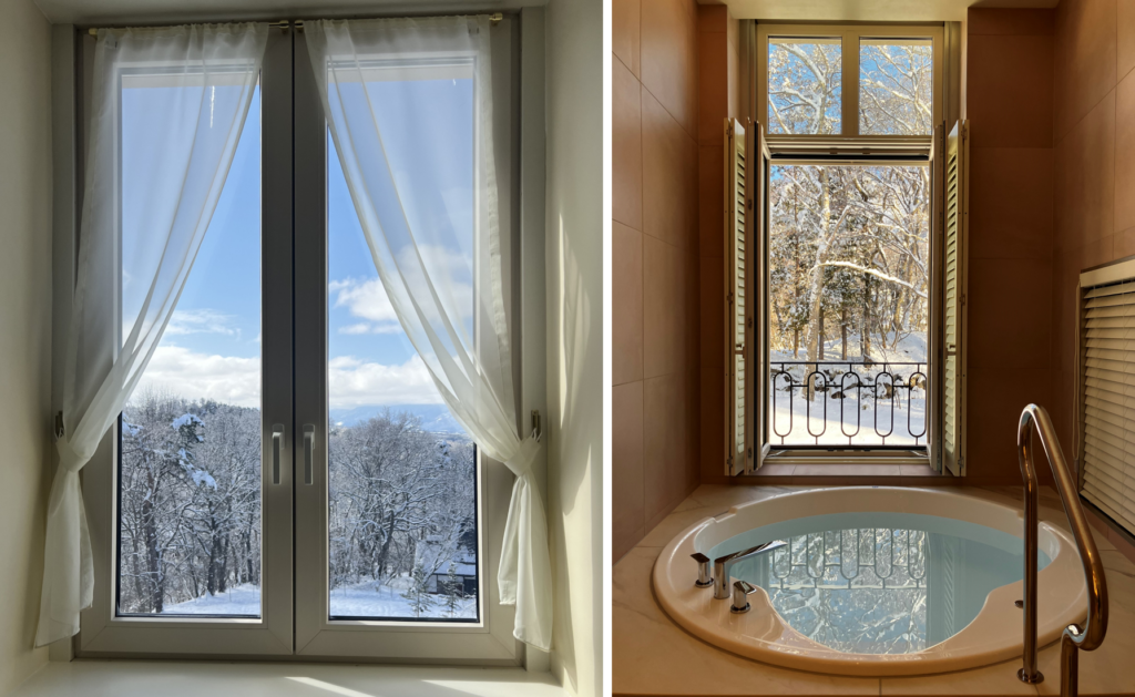 Winter scenery enjoyed from the comfort of your room at Hotel de L'Alpage, Nagano, Japan. 